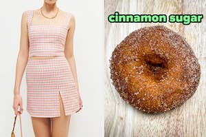 On the left, someone wearing a gingham print crop top and coordinating mini skirt, and on the right, a cinnamon sugar donut