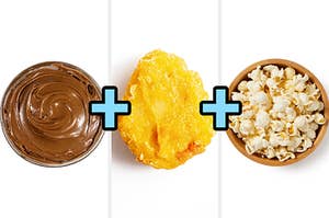 On the left, a bowl of Nutella, then a chicken nugget, and on the right, a bowl of popcorn with plus signs in between each food photo
