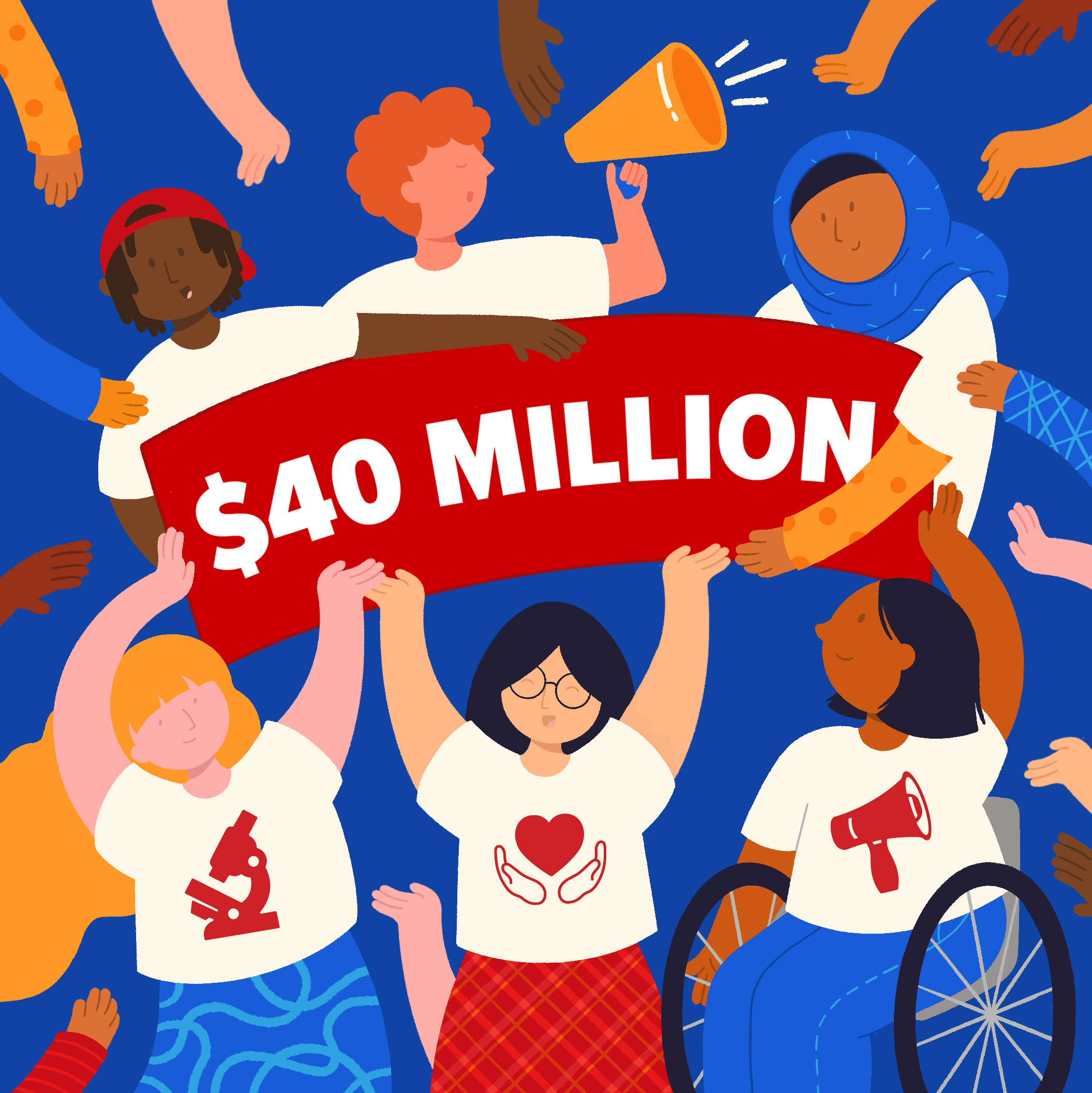 Illustration of students holding up a &quot;$40 Million&quot; banner