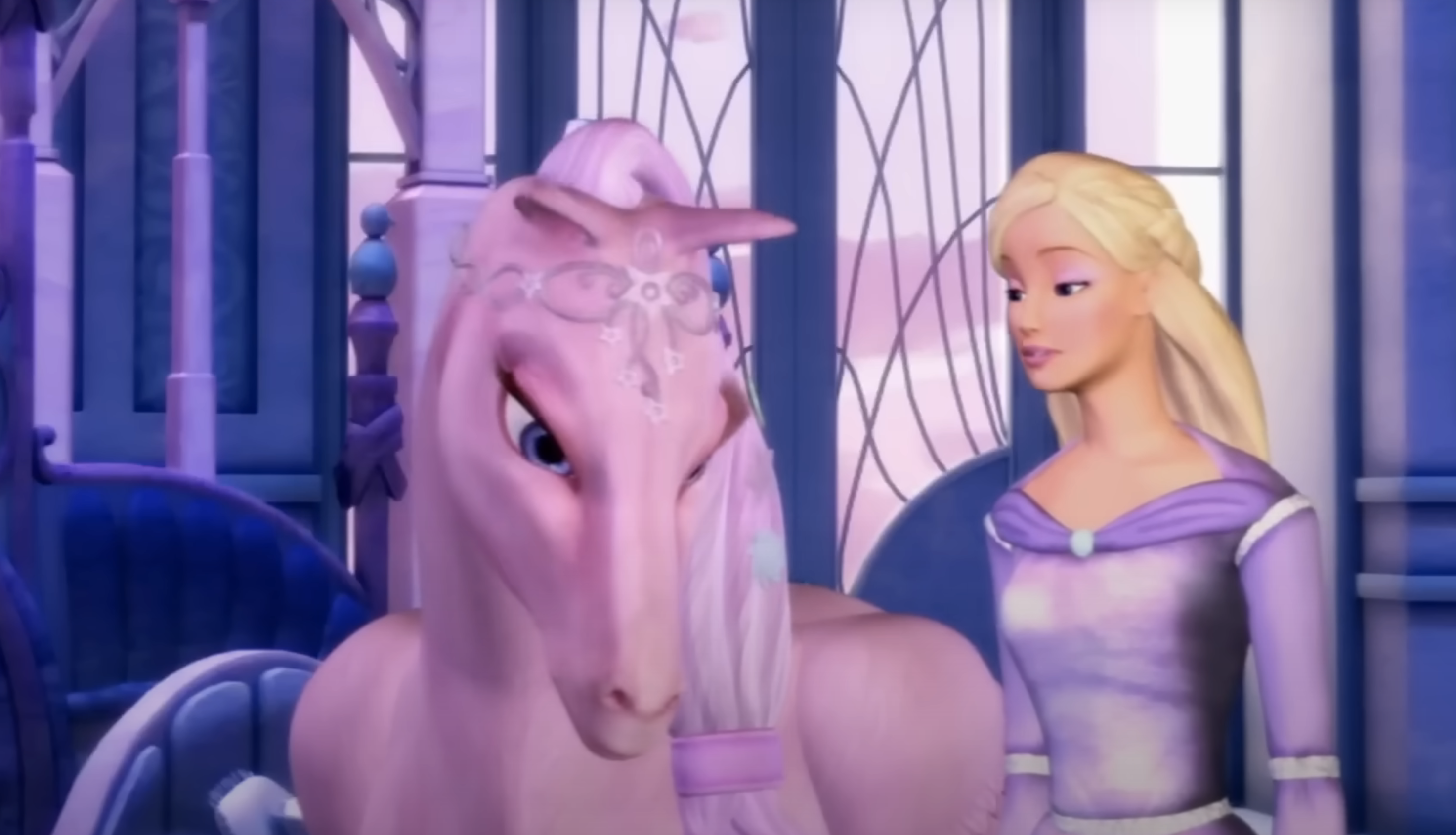 The animated Barbie standing next to Pegasus