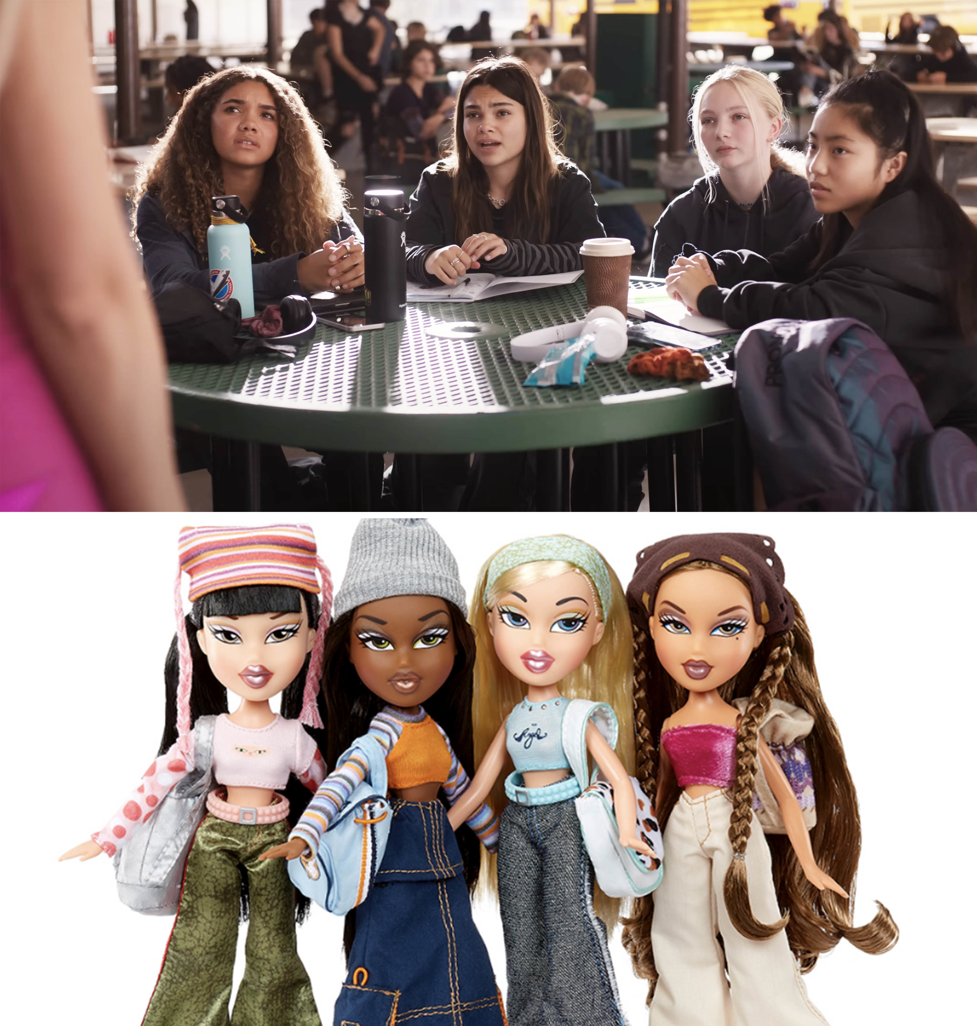 4 girls sitting at a school table and then the 4 bratz dolls
