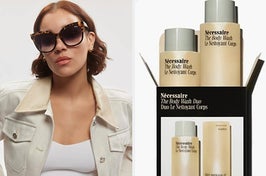 on left: model wearing Quay tortoise-print sunglasses. on right: bottles of Necessaire body wash