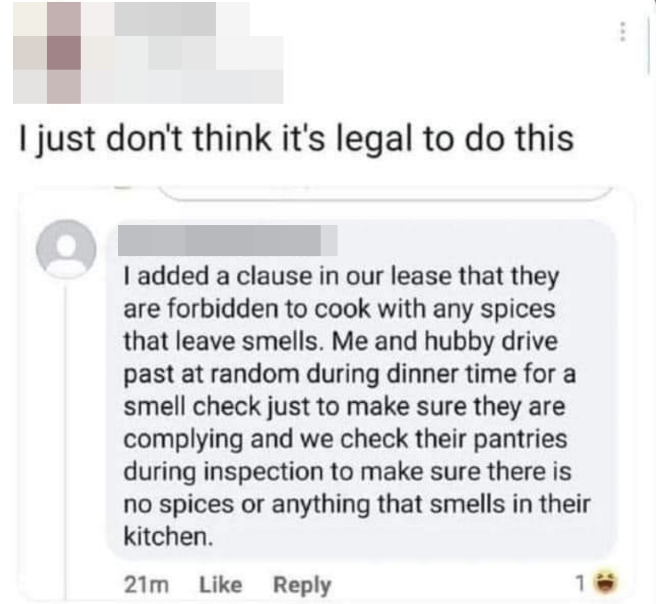 someone posting about the landlord&#x27;s rule saying they don&#x27;t think it&#x27;s legal