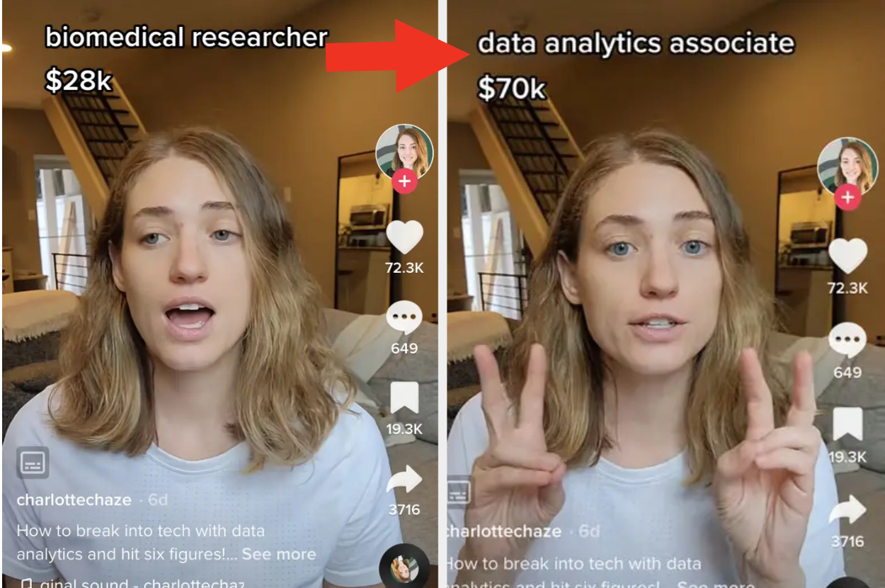 Charlotte sharing her $28k salary as a researcher compared to her $70k salary as a data analytics associate