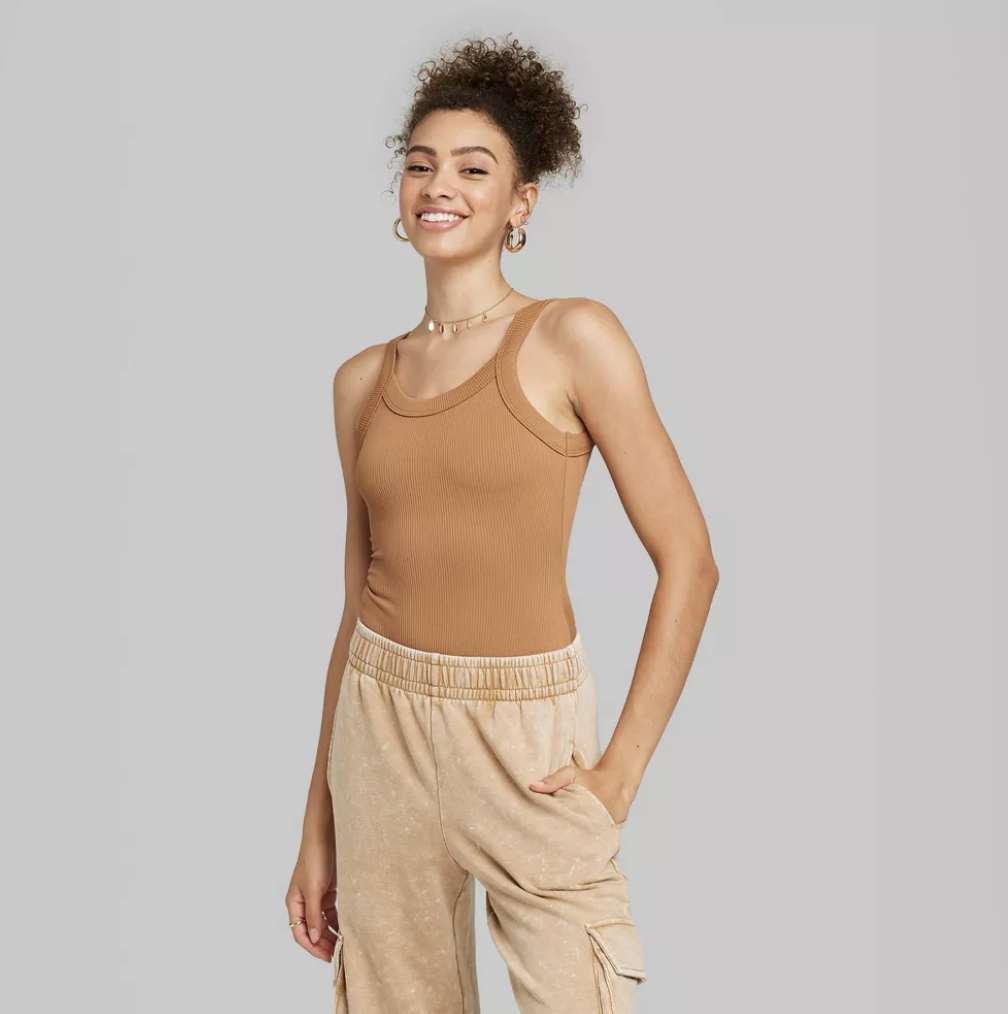 Model in Women&#x27;s Seamless Tank Bodysuit in brown