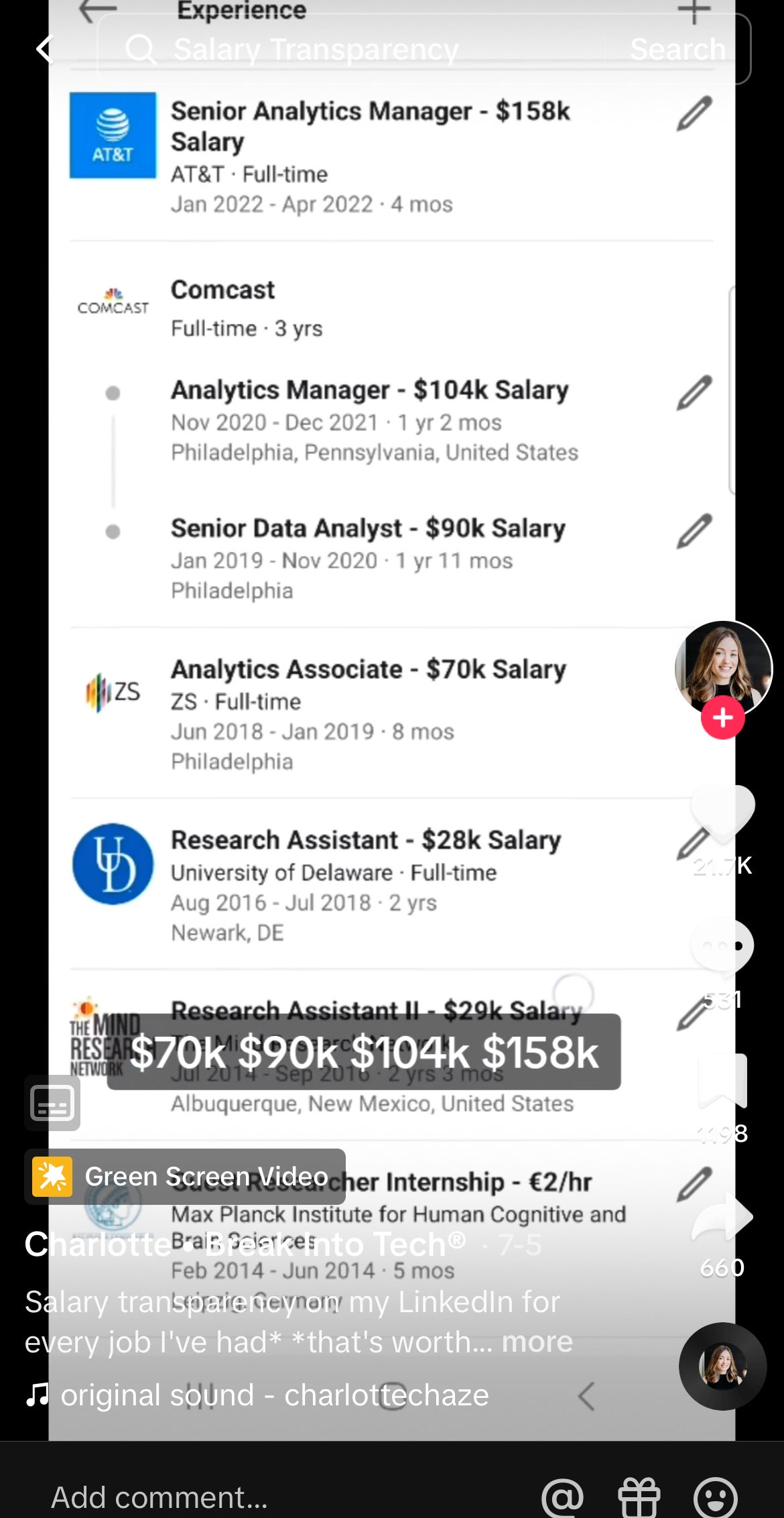 screenshot of Charlotte&#x27;s LinkedIn showing her salary history