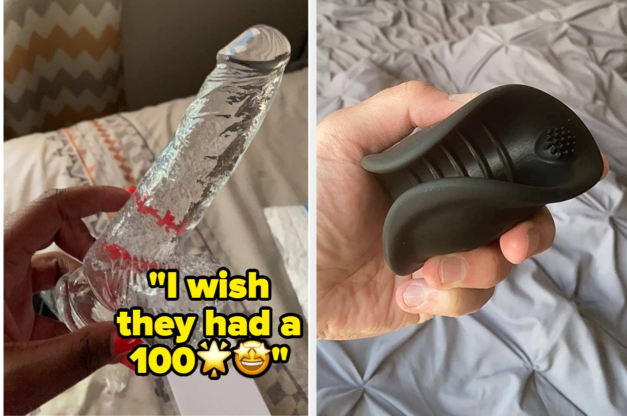 Reviewer holding transparent dildo and reviewer holding black vibrating stroker