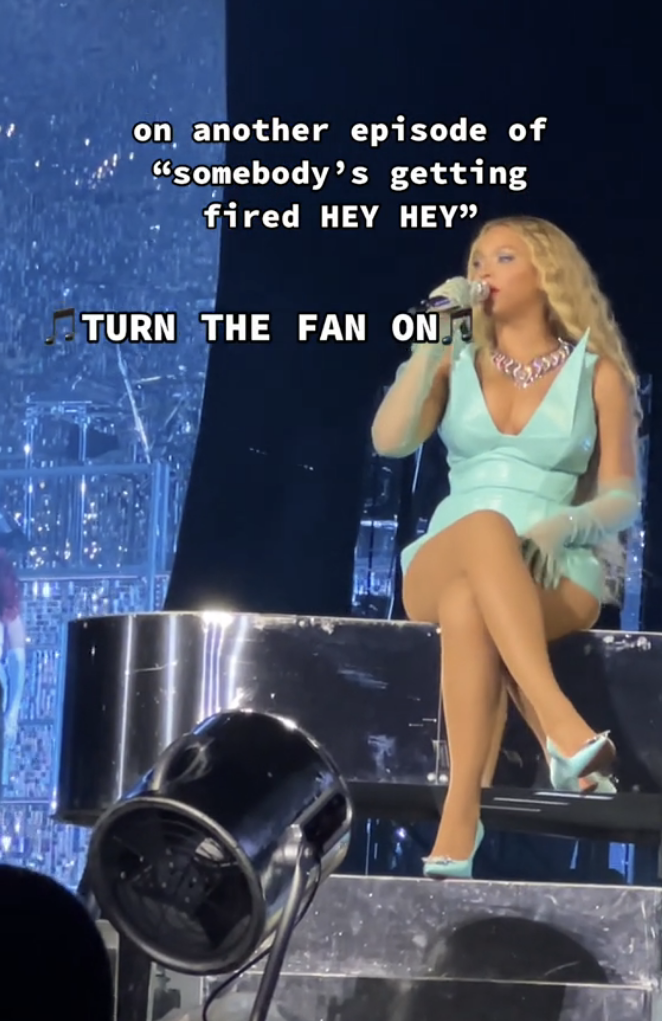 Beyoncé performing on stage and singing &quot;turn the fan on&quot;