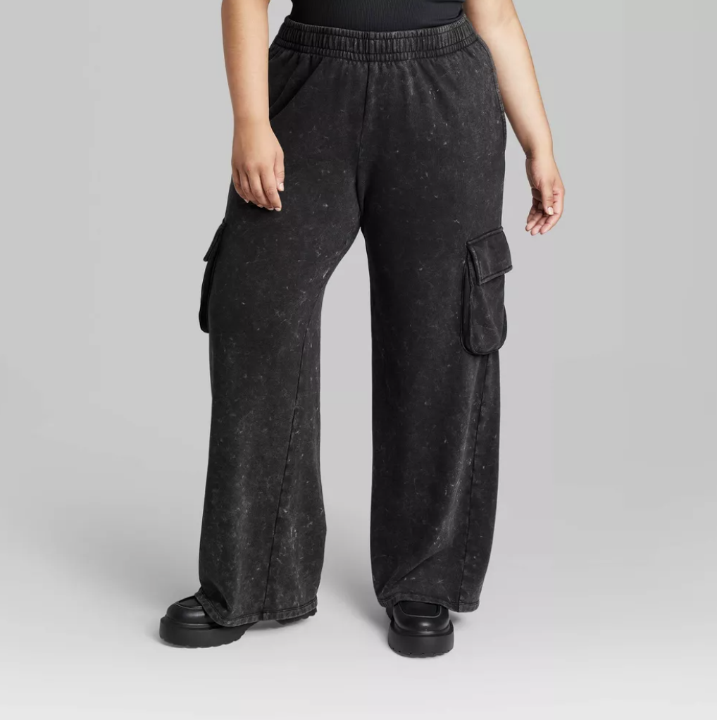 Women&#x27;s High-Rise Wide Leg Fleece Cargo Pants  - Wild Fable™ in black wash