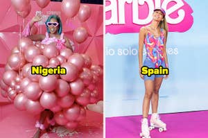 a pink balloon dress in Nigeria, and a roller skating Barbie look in Spain