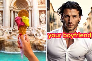 A hand holding a cone with gelato piled onto it in front of the Trevi Fountain in Rome, next to a separate image of an AI man with dark, wavy hair and stubble.