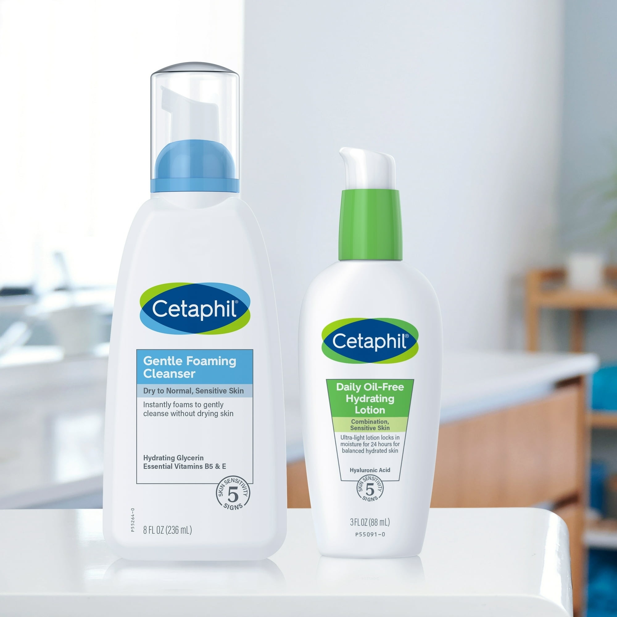 the Cetaphil gentle foaming cleaner bottle on counter
