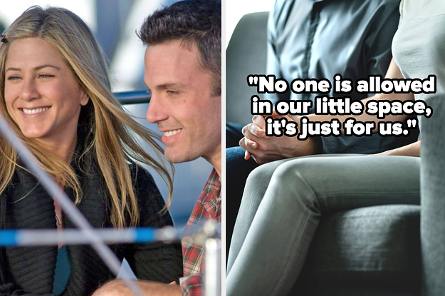 Jennifer Aniston, Ben Affleck, and a couple holding hands, text: "No one is allowed in our little space, it's just for us."