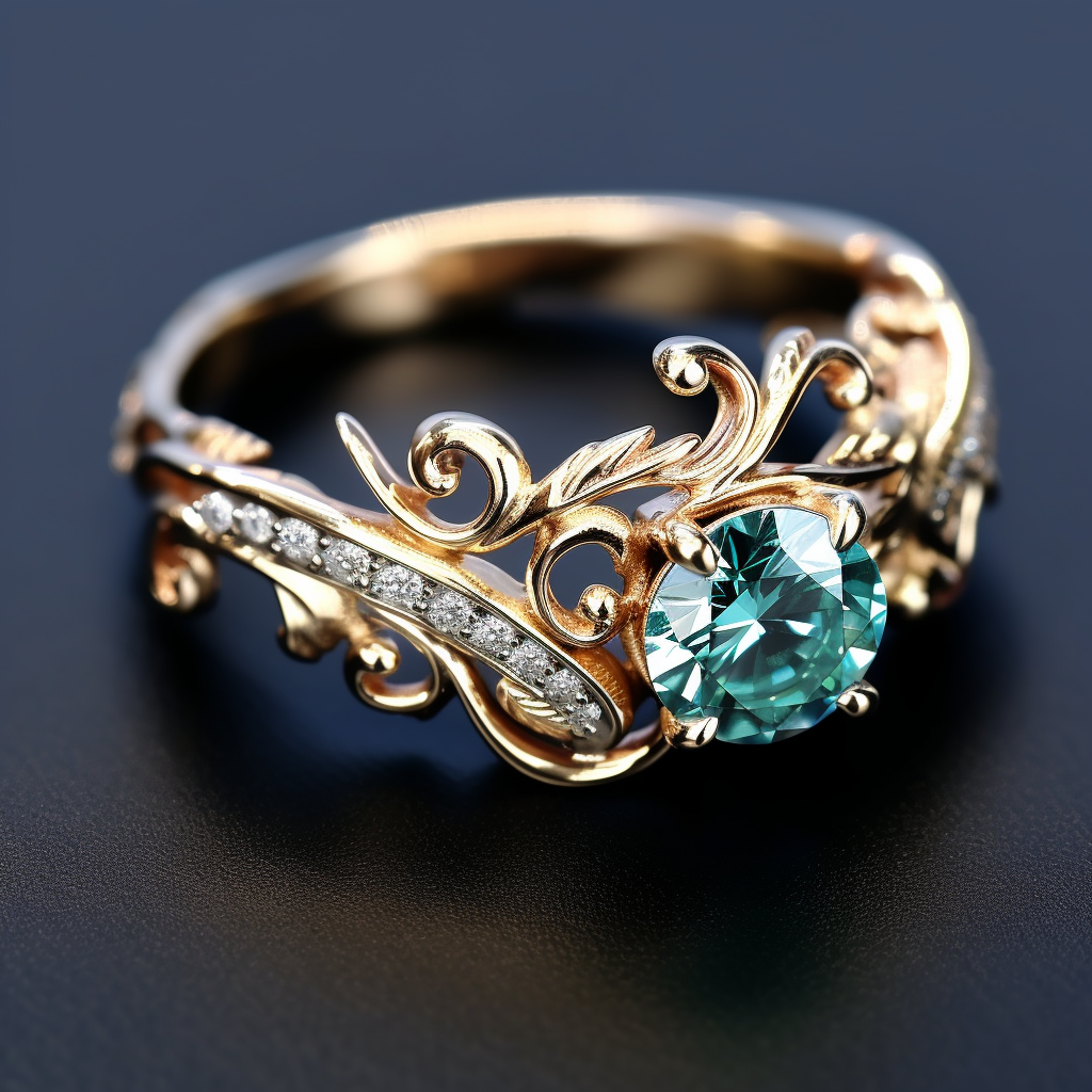 A gold ring with an apatite-like gem in the center, a wave-like detail above it, and a band of tiny diamonds on either side
