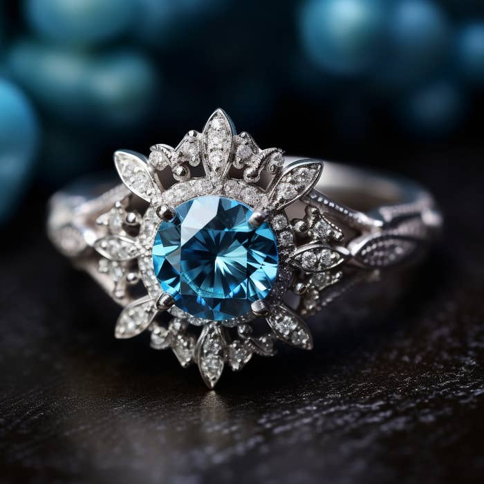 A silver ring with a blue topaz-like gem in the middle with diamonds around it that form a snowflake-like shape