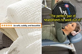 several muslin blankets on top of one another and text that reads "so soft, cuddly, and beautiful"; a reviewer wearing rose gold beats headphones at the gym and text that reads "The perfect pair of headphones to work out in."