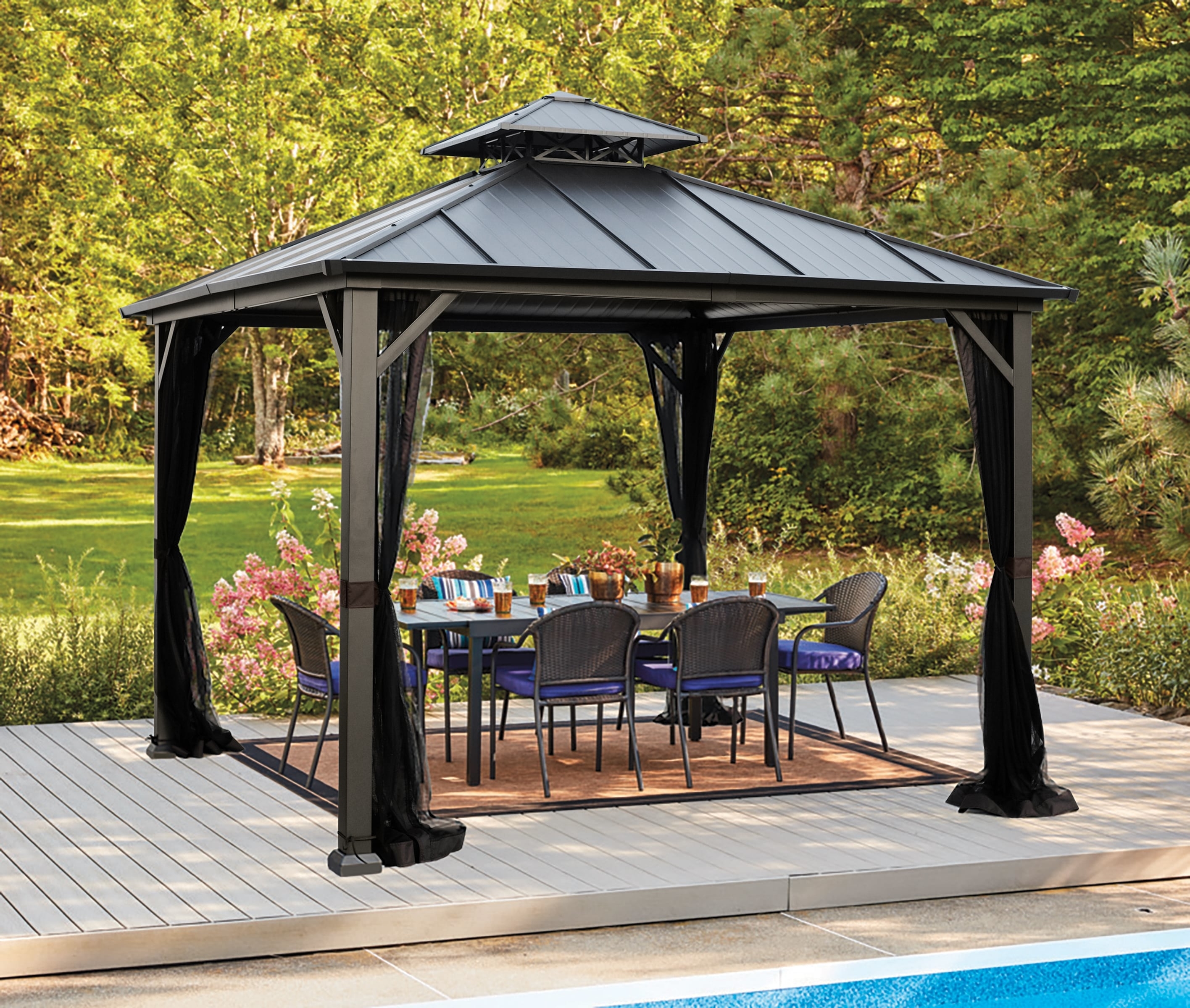 square steel dark grey gazebo with a 2-tier roof