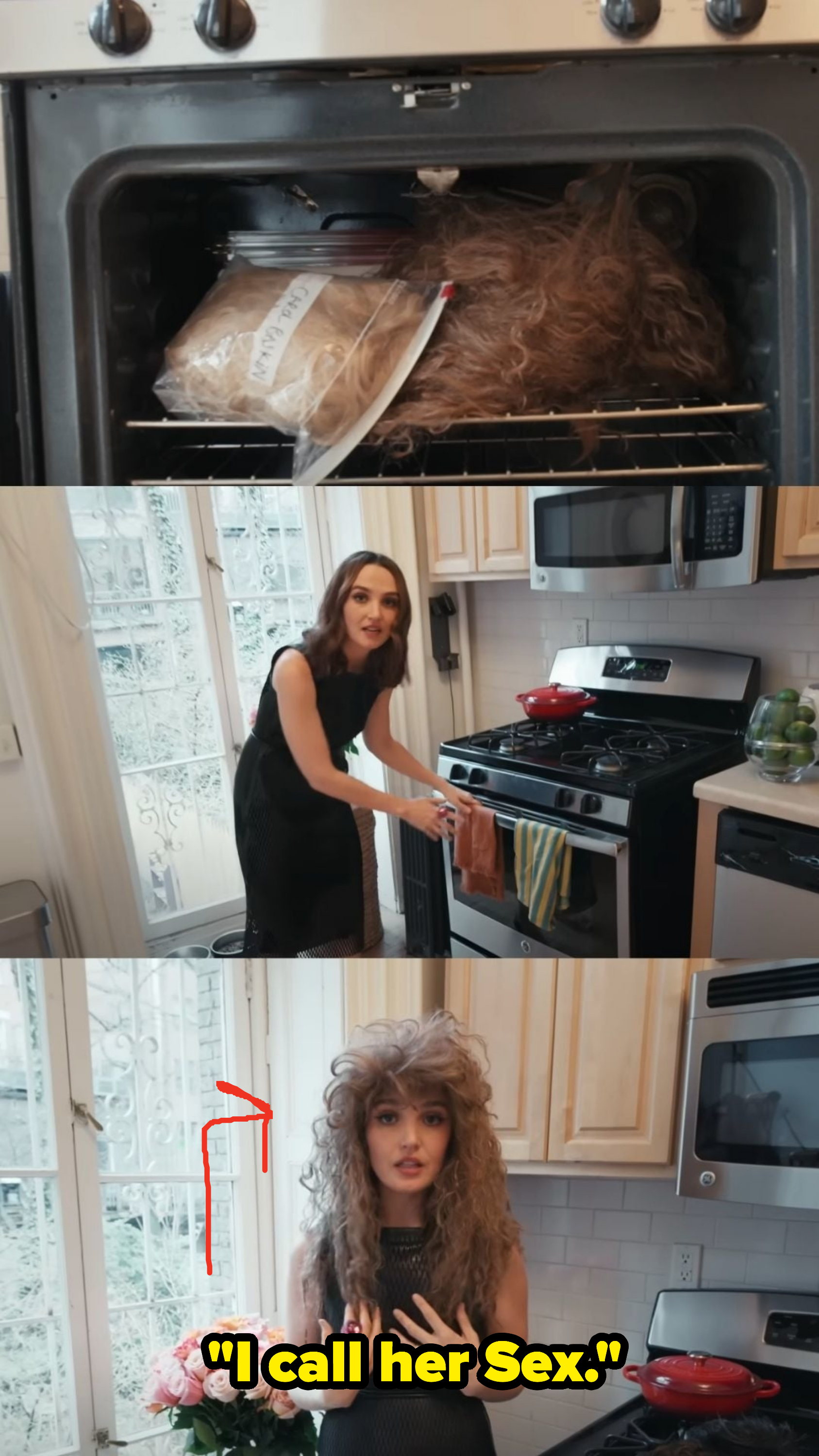 Chloe showing AD that she keeps her wigs in her oven