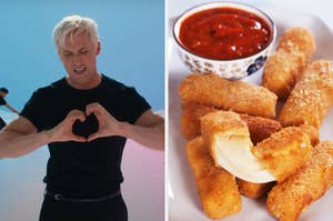 On the left, Ryan Gosling sining while making a hand heart as Ken in Barbie, and on the right, some mozzarella sticks with a side of marinara sauce