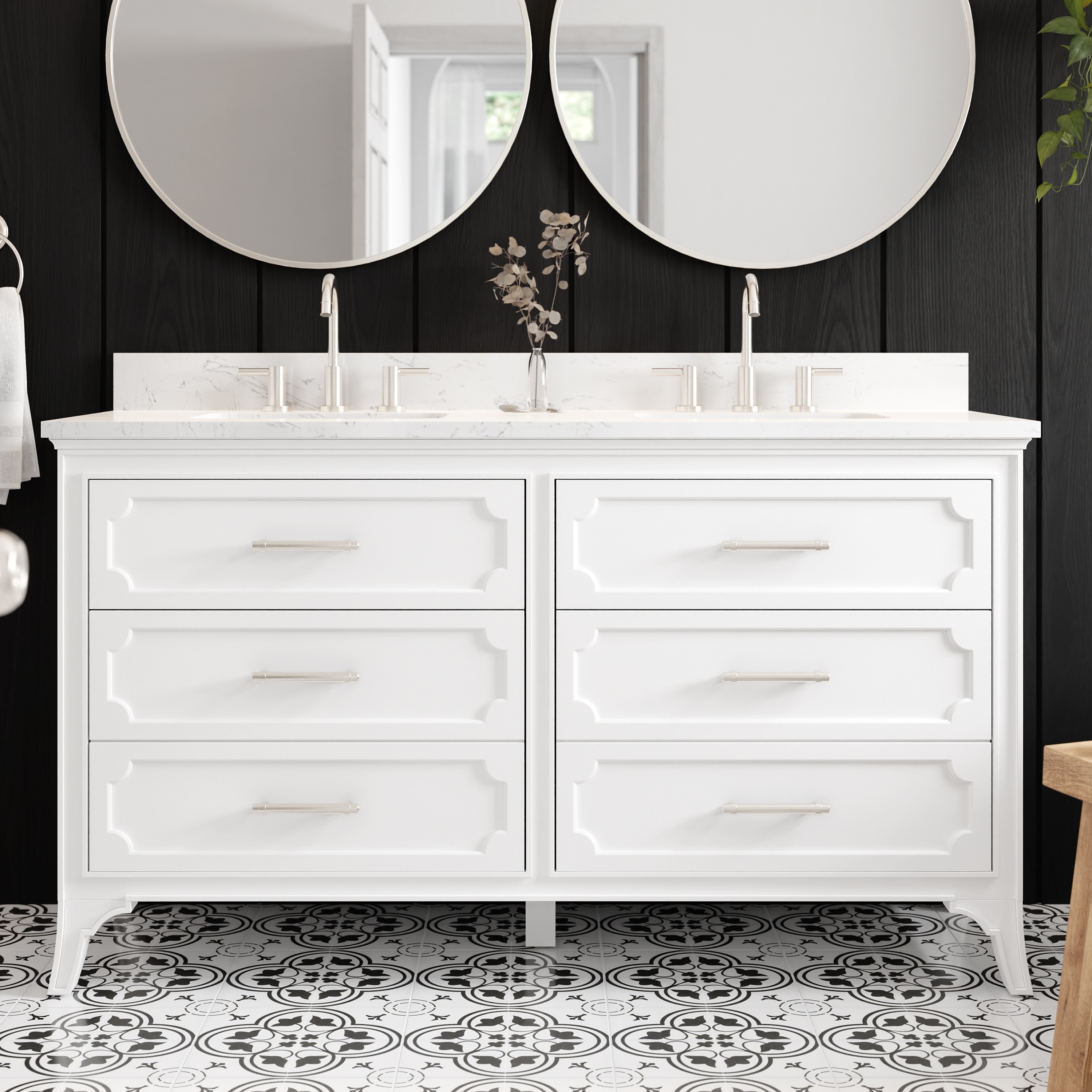 white double sink vanity with six drawers