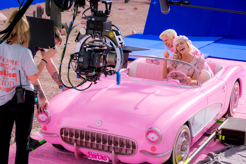 behind the scenes of filming barbie and ken in the convertible