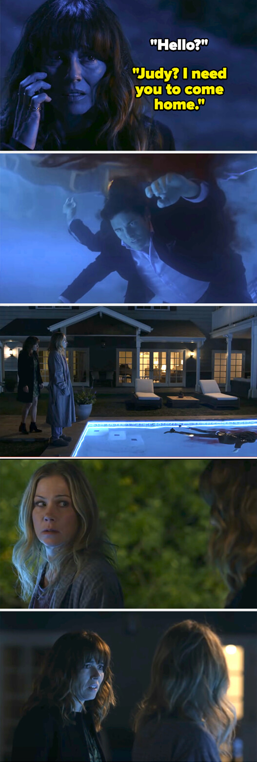 Judy being told on the phone that she needs to come home, and Steve&#x27;s body floating in the pool