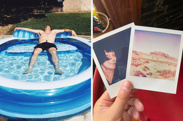 on the left an inflatable pool, on the right polaroid photos