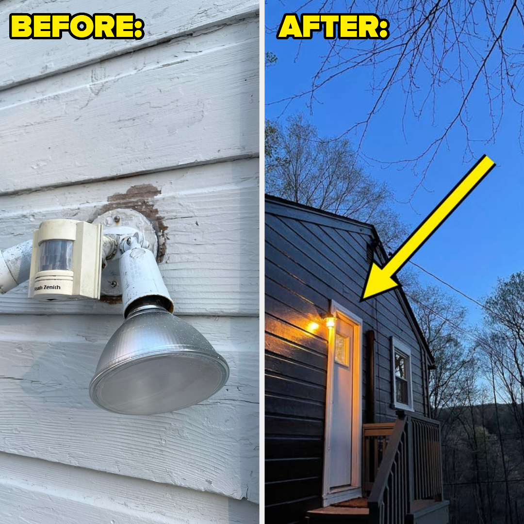 before and after or a spotlight light fixture with a motion sensor replaced with a warm glowing exterior lantern