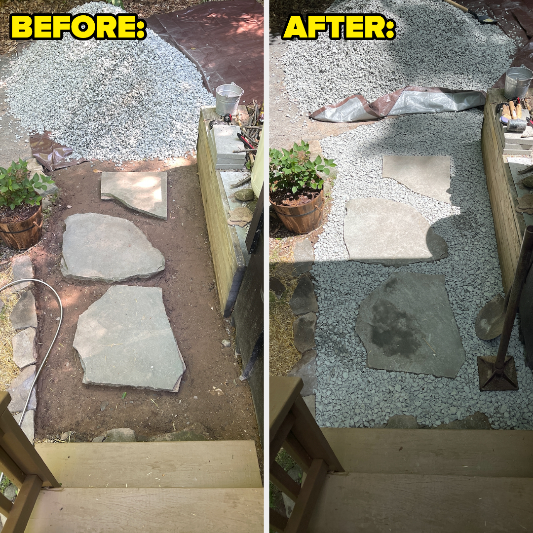 before and after or dirt surrounding stepping stones in a walkway filled with gravel