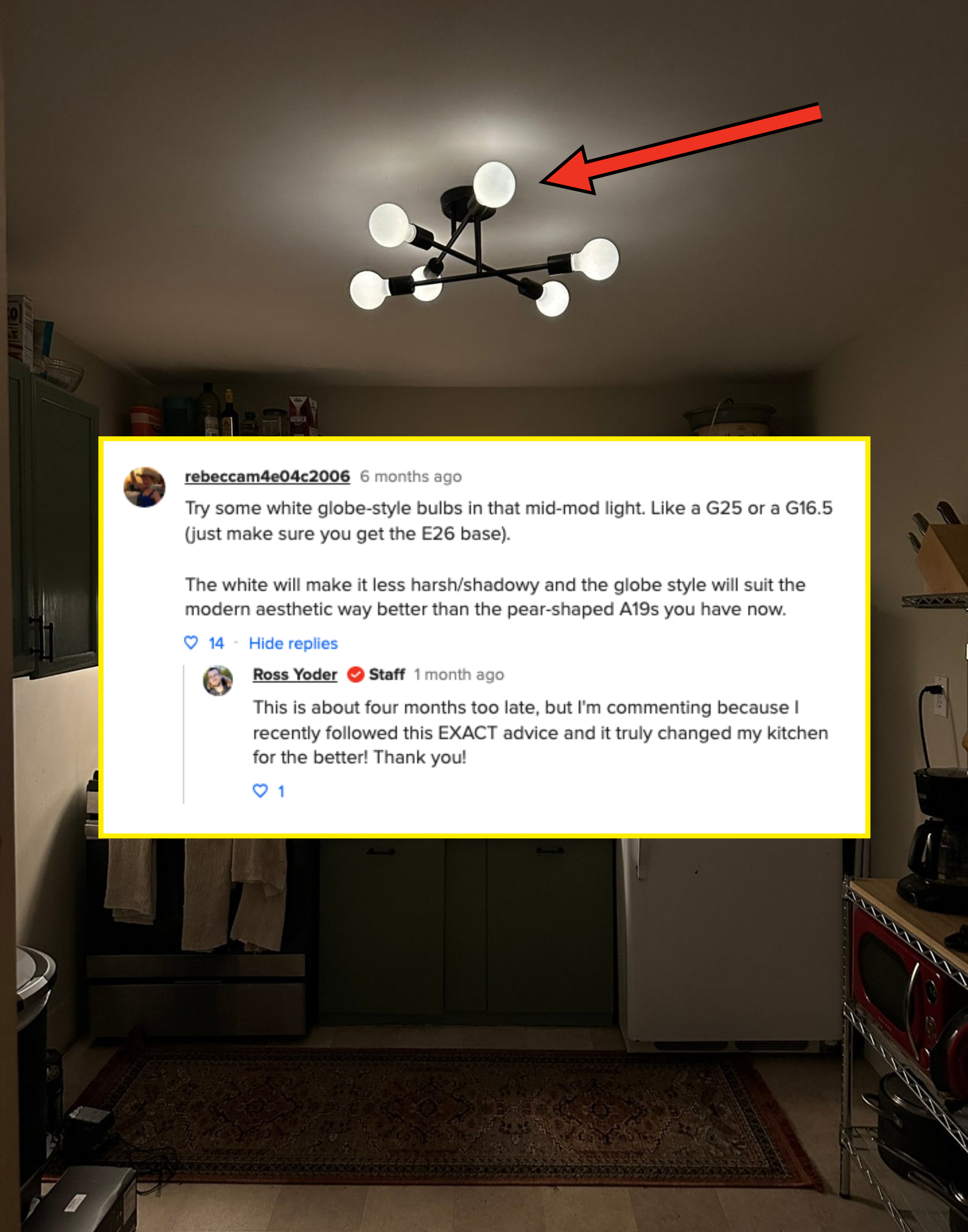 replaced lightbulbs in mid-century modern fixture with exchange between author and buzzfeed reader who suggested the swap