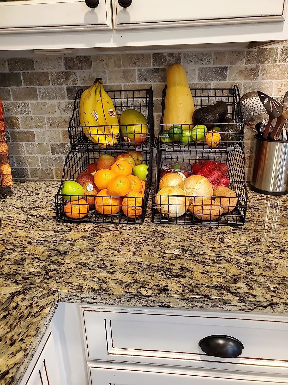 Reviewer image of the wire organizers on their counter holding produce