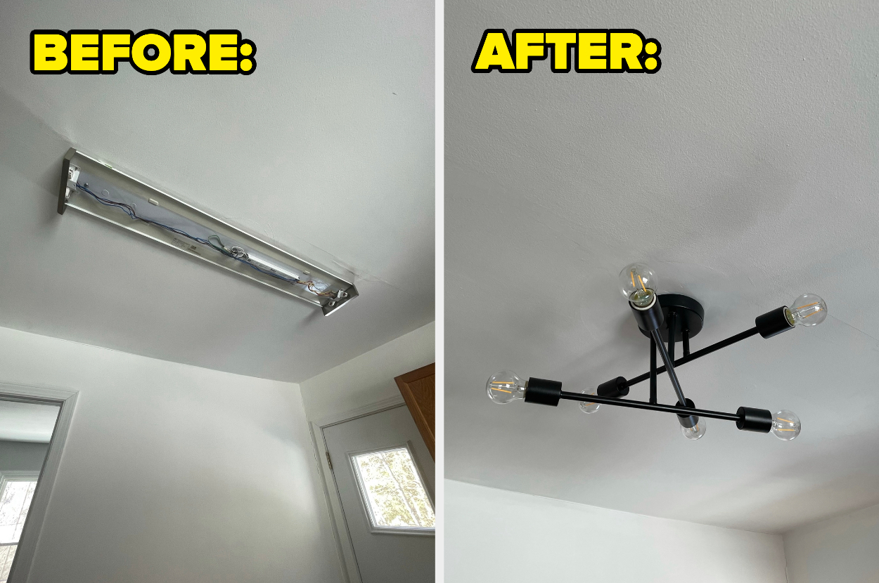 before and after of swapping a fluorescent ceiling light for a mid-century modern fixture