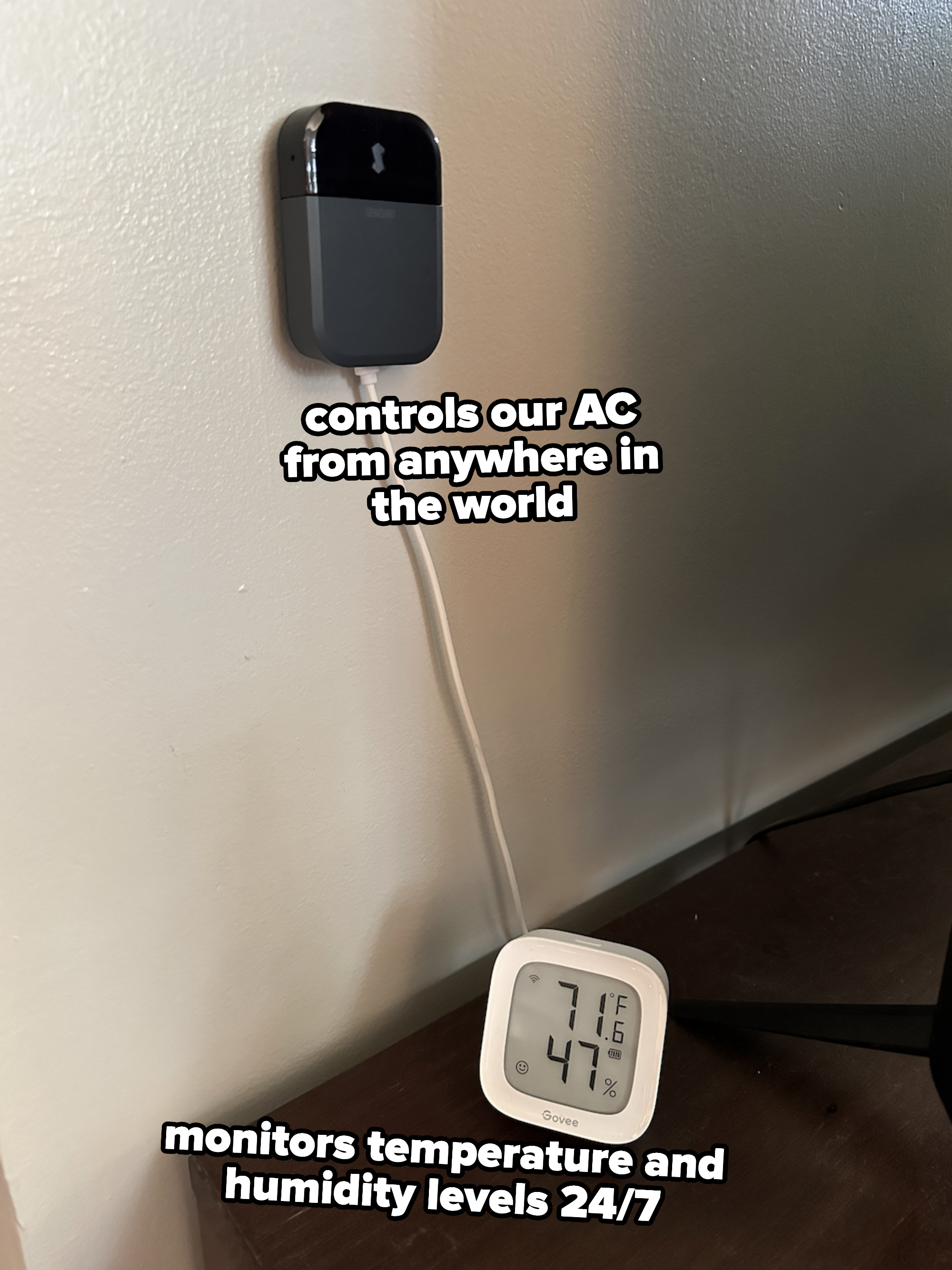 wall mounted device that controls AC from anywhere in the world and a small display showing temperature and the humidity level of the room