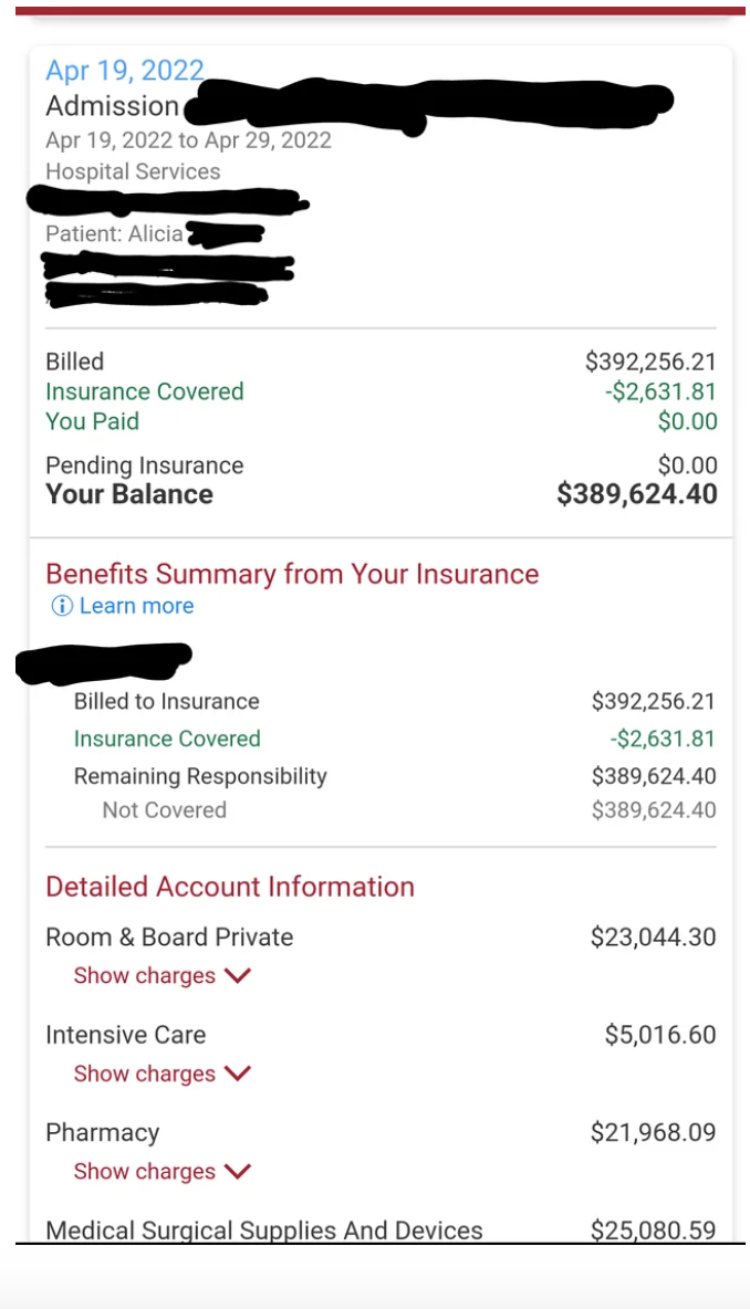 A hospital bill for $389,624 after insurance covers only $2,631