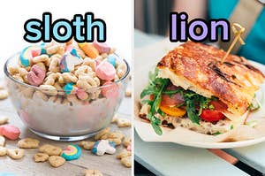 On the left, a bowl of cereal with marshmallows labeled sloth, and on the right, a veggie sandwich on ciabatta bread labeled lion