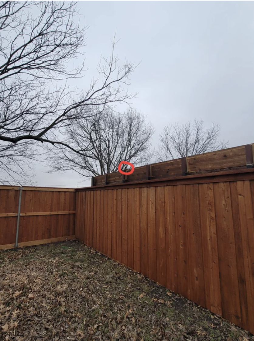 Camera peering over a fence in a backyard is circled