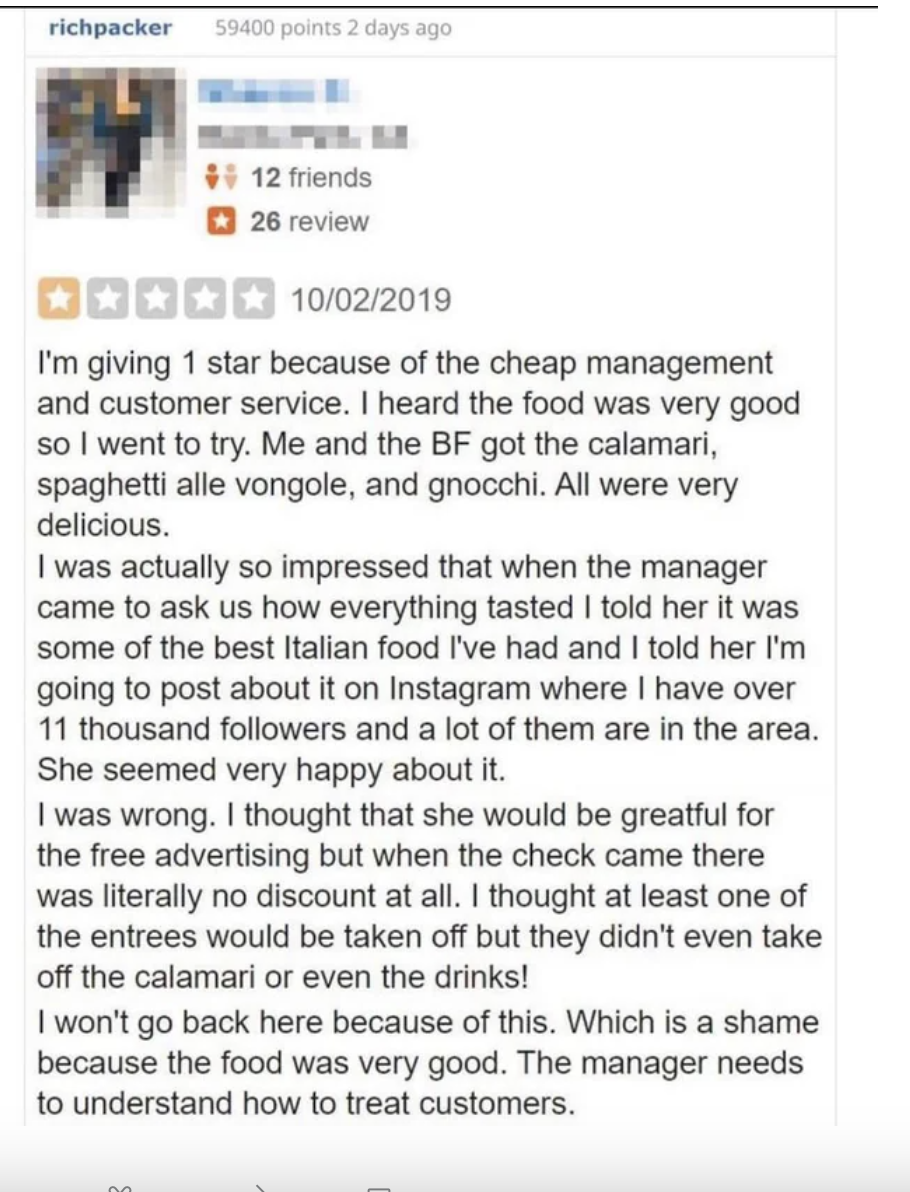 Influencer raved about a restaurant&#x27;s food but gave them only 1 star because the owner didn&#x27;t give them a discount (at least one entree off or drinks) despite their 11,000+ followers