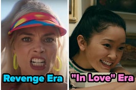 Margot Robbie as Barbie, gritting her teeth with brows furrowed, next to a separate image of Lana Condor resting her head on a bannister post and smiling.