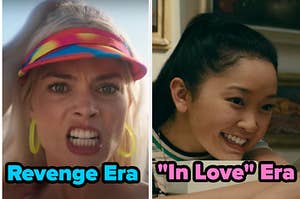 Margot Robbie as Barbie, gritting her teeth with brows furrowed, next to a separate image of Lana Condor resting her head on a bannister post and smiling.
