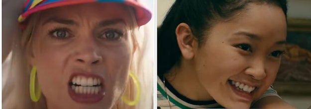 Margot Robbie as Barbie, gritting her teeth with brows furrowed, next to a separate image of Lana Condor resting her head on a bannister post and smiling.