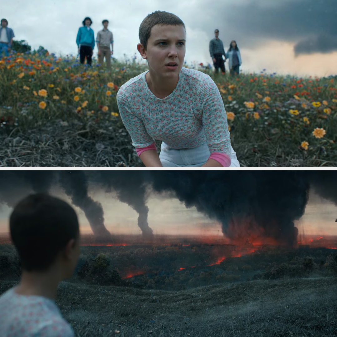 Eleven looking in shock at smoke and flames in the distance