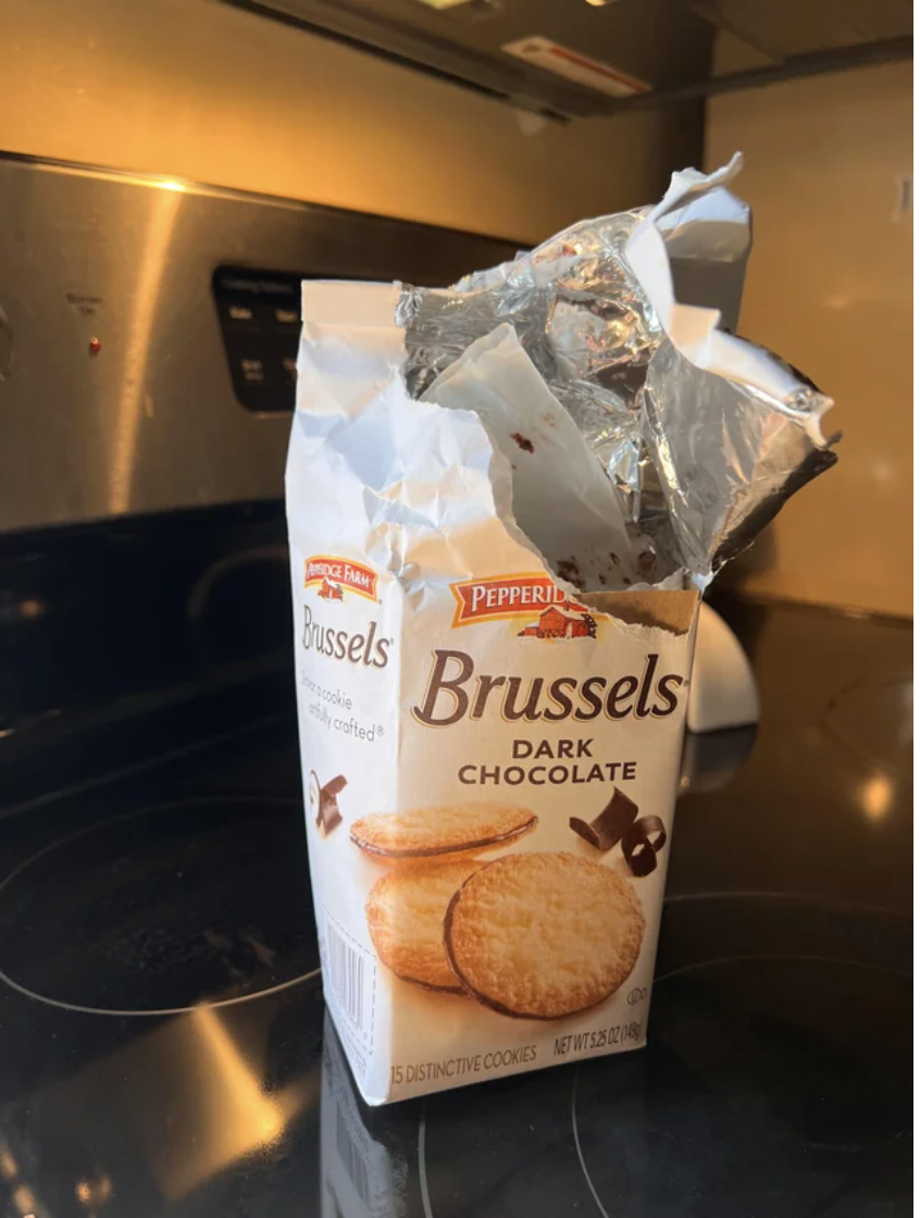 A Pepperidge Farm Brussels cookies container ripped apart