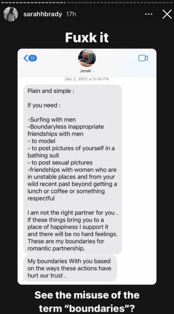 A screenshot of the text on her IG story, in which Jonah said he's not the right partner for her if she needs to do thinks like post pictures of herself in a bathing suit or to model