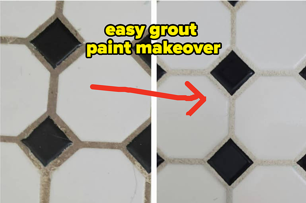 tile floor with dirty stained grout in between tiles, same grout painted white