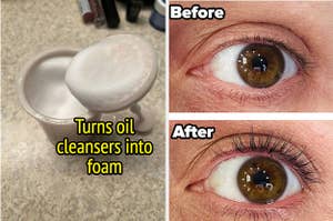 An oil cleanser that was turned into a foam using a device/A reviewers eyelashes before and after using a n eyelash perm kit