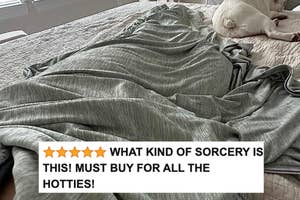 The pale blue cooling blanket with reviewer text "WHAT KIND OF SORCERY IS THIS! MUST BUY FOR ALL THE HOTTIES!"