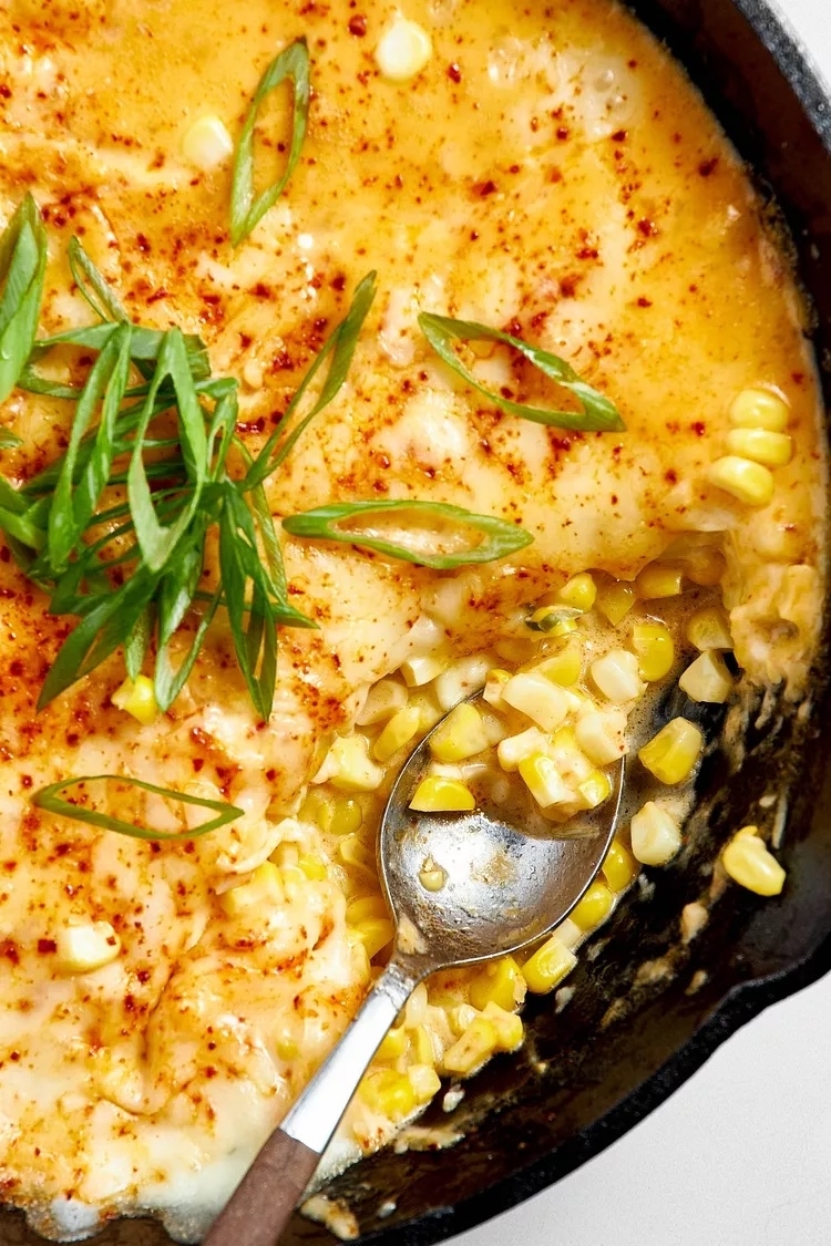 Korean corn cheese in a cast iron skillet