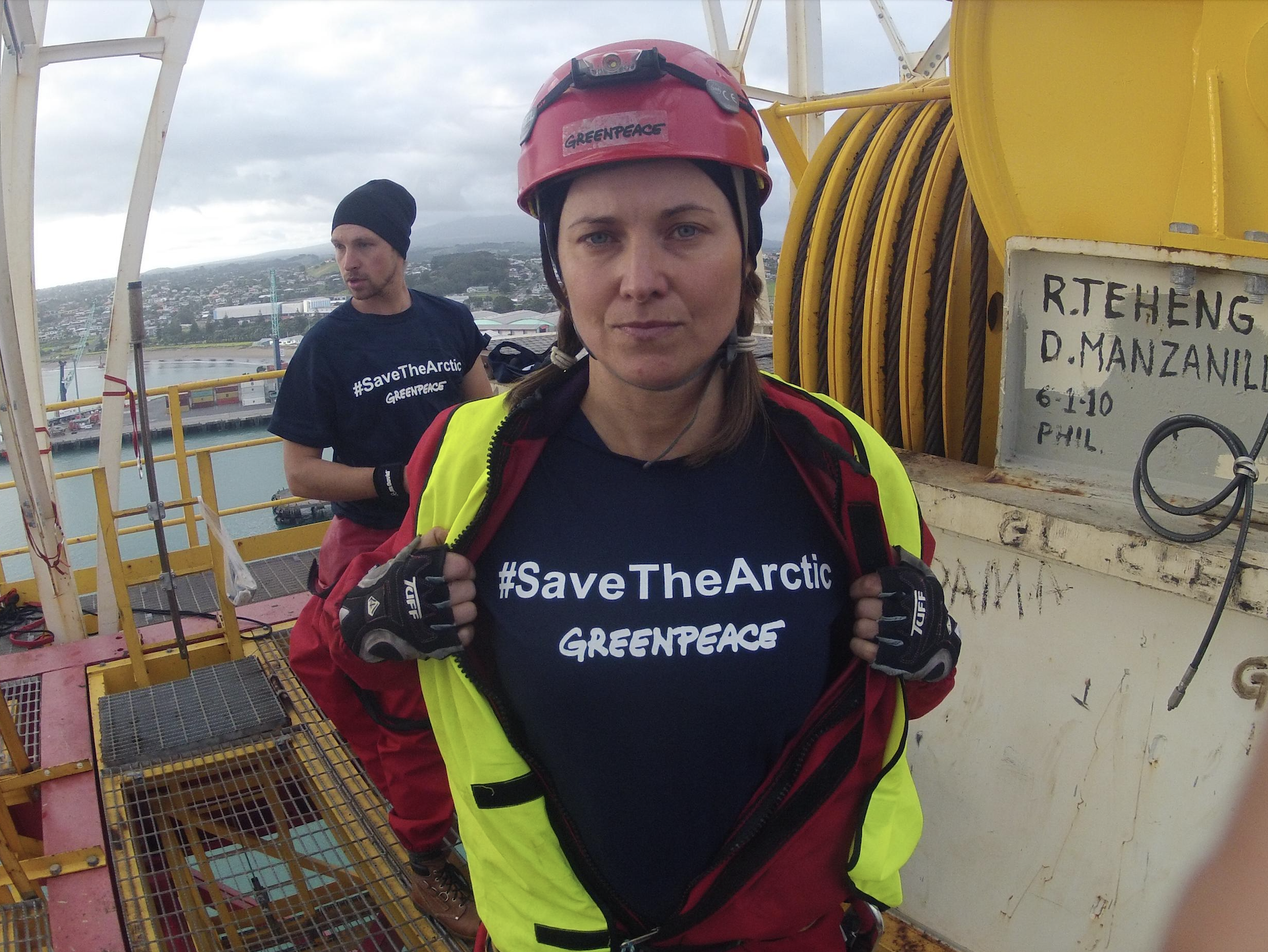 Lucy Lawless showing her &quot;SavetheArctic&quot; shirt