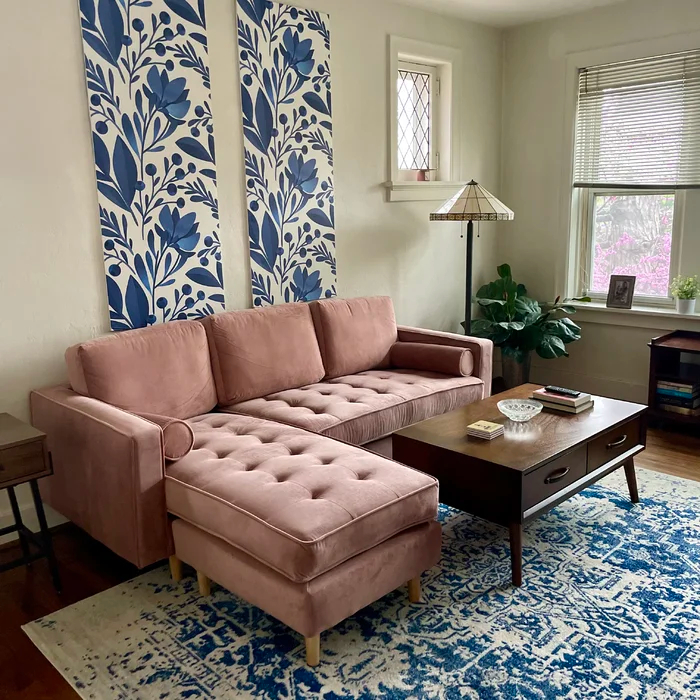 Reviewer&#x27;s photo of the sectional in the color Blush Pink Velvet
