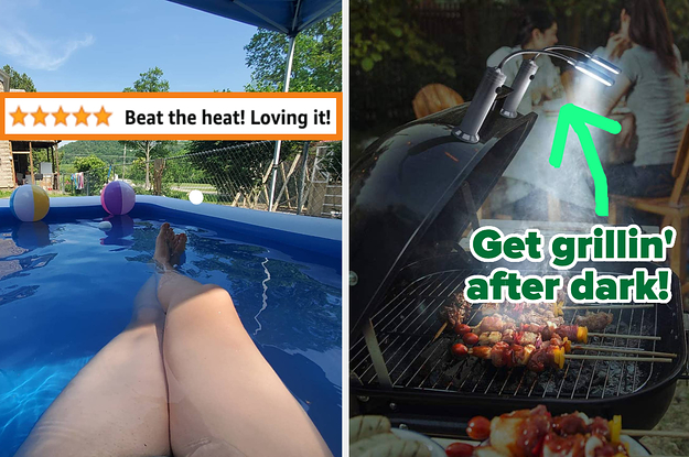 L: a reviewer sitting in an inflatable pool with a five-star review titled "Beat the heat! loving it!", R: a pair of lights on top of an outdoor grill and text reading "Get grillin' after dark!"